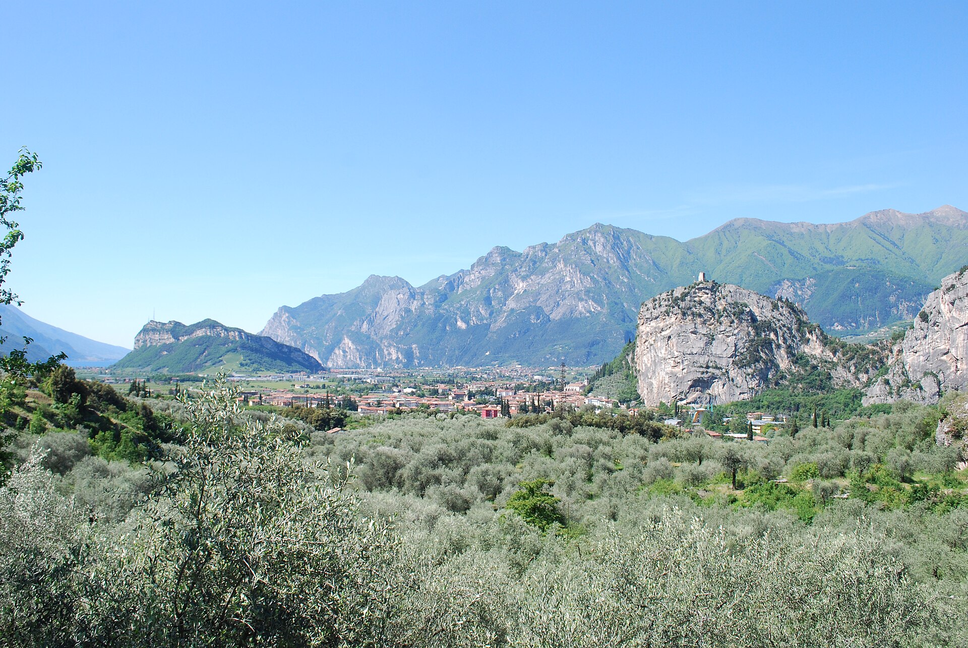 Arco, la rupe del castello e gli uliveti nella valle del basso Sarca
