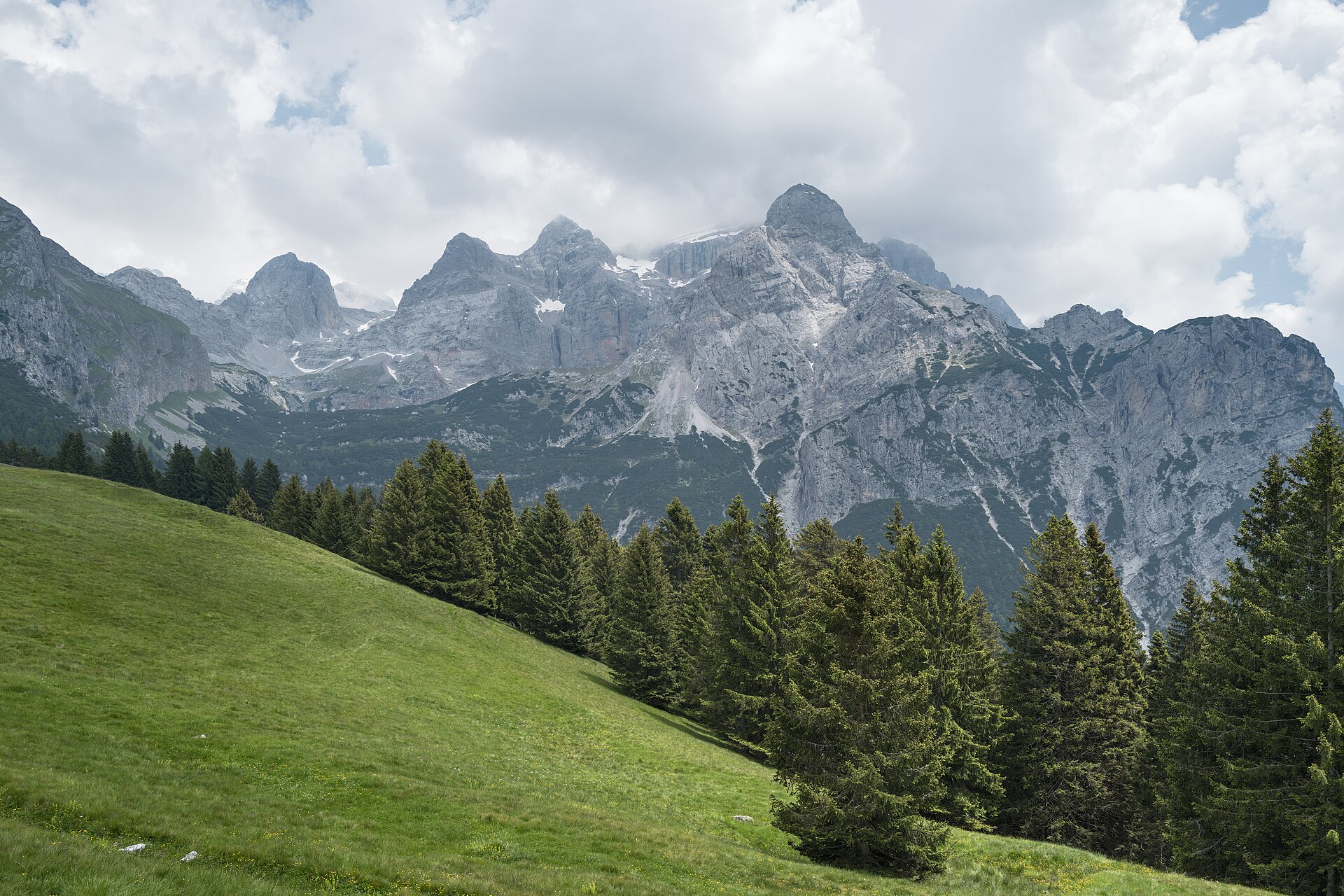 Dolomiti di Brenta sopra i prati verdi estivi di Comano Terme