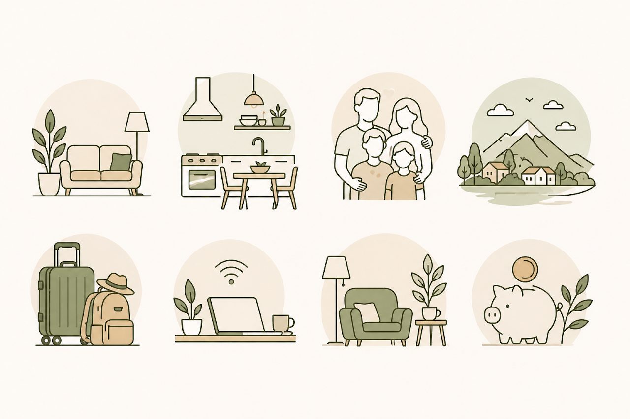 Illustrazioni dedicate alla casa, alla famiglia, al viaggio, al Wi-Fi e al risparmio