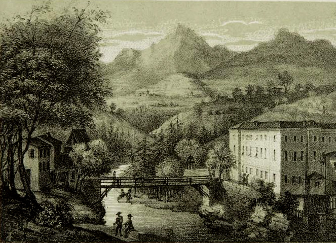 Incisione storica del 1862 dell’antico stabilimento delle Terme di Comano accanto al fiume